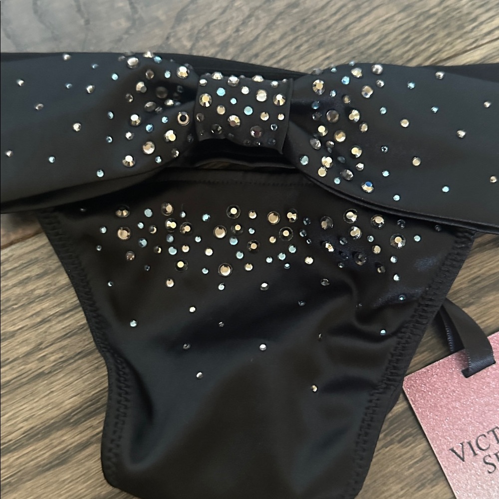 Victoria's Secret Vintage Black embellished bow Panty thong Small new